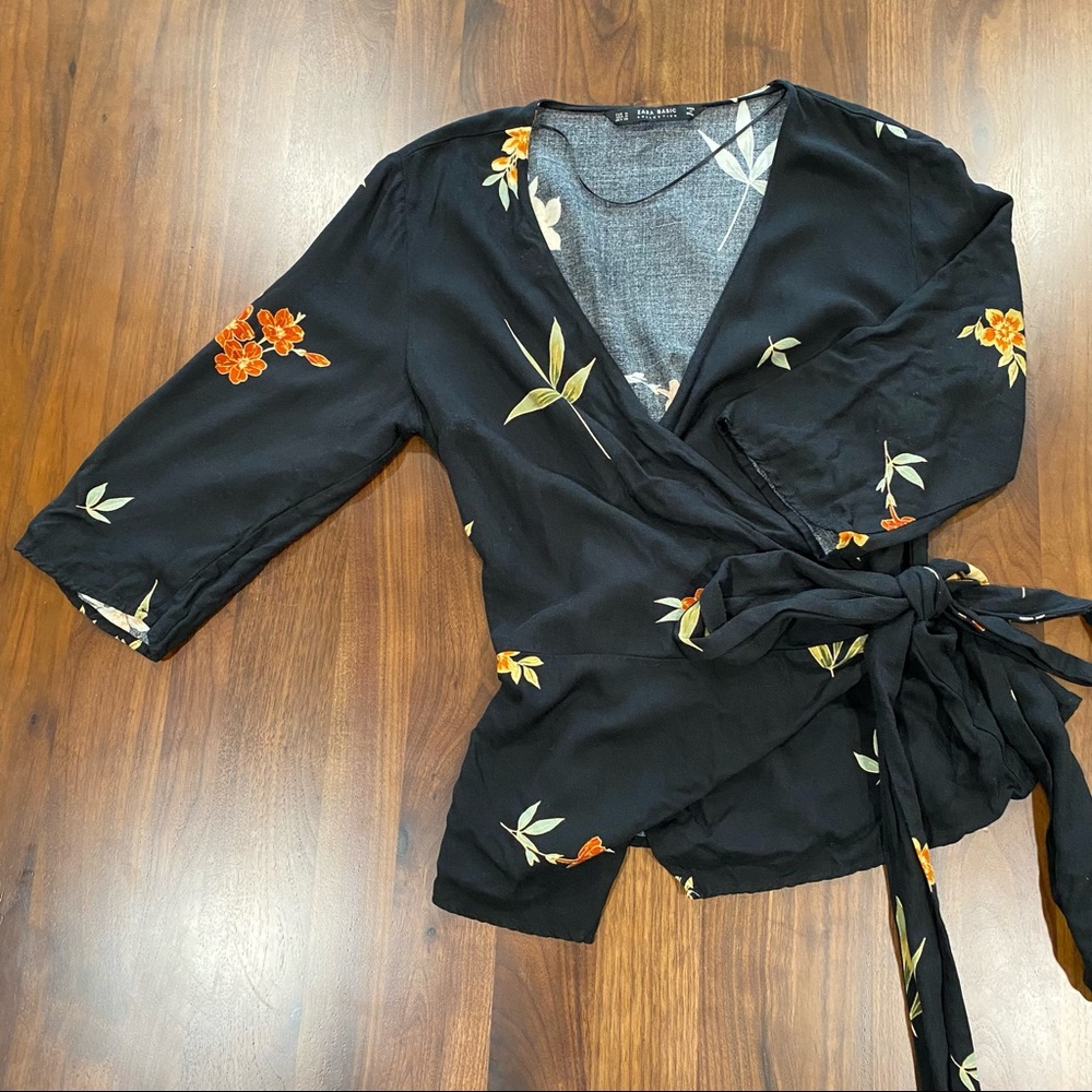 Zara Basic Black Floral Wrap Top 3/4 Sleeve
